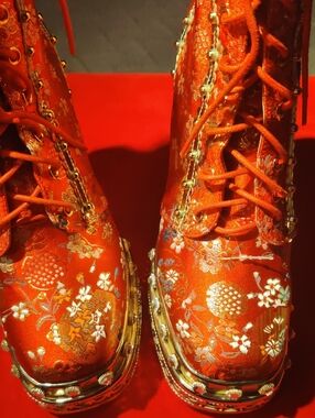 Floral Tapestry Womens 38/8 Pearls &Red&Gold Color Ankle Boots